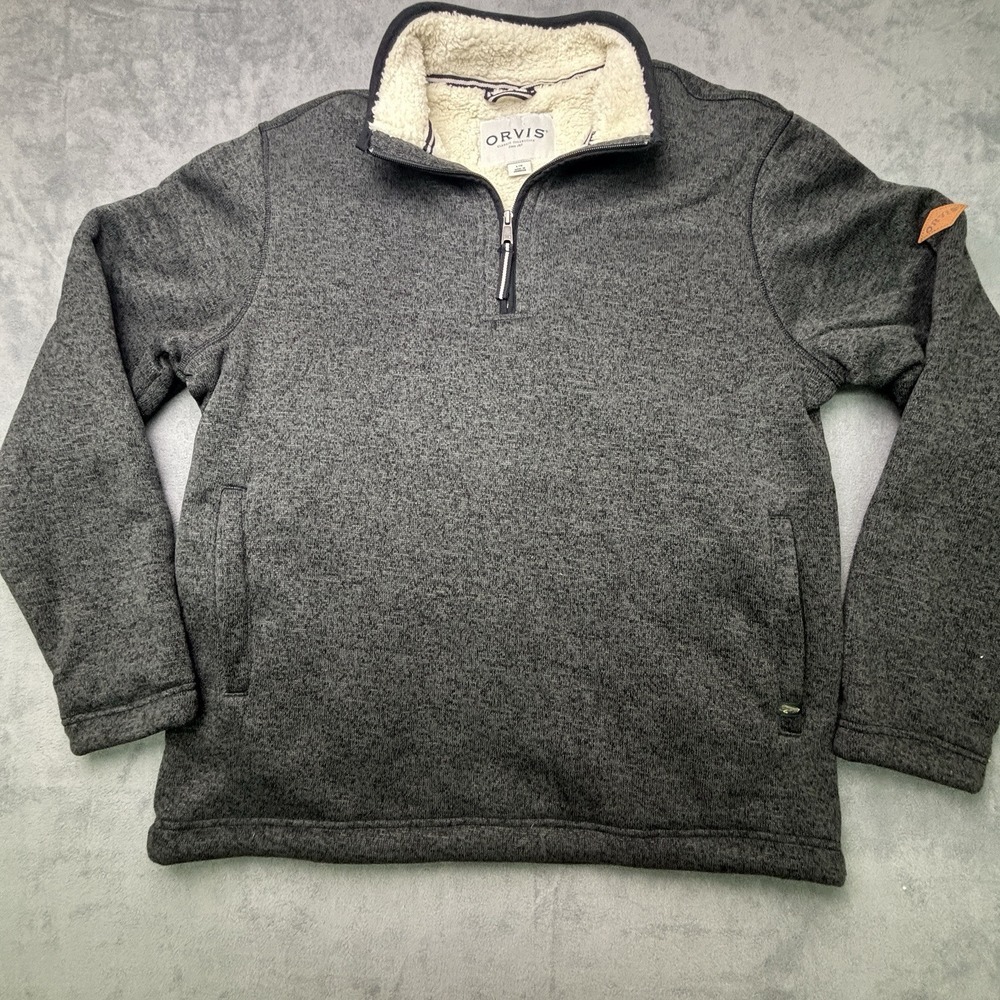 Orvis Pullover Mens Large Gray Heather Sherpa Lined 1/4 Zip Sweater Thick Soft